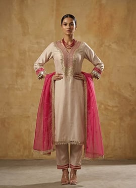 Beige Zari Embroidered Satin Straight Pant Suit