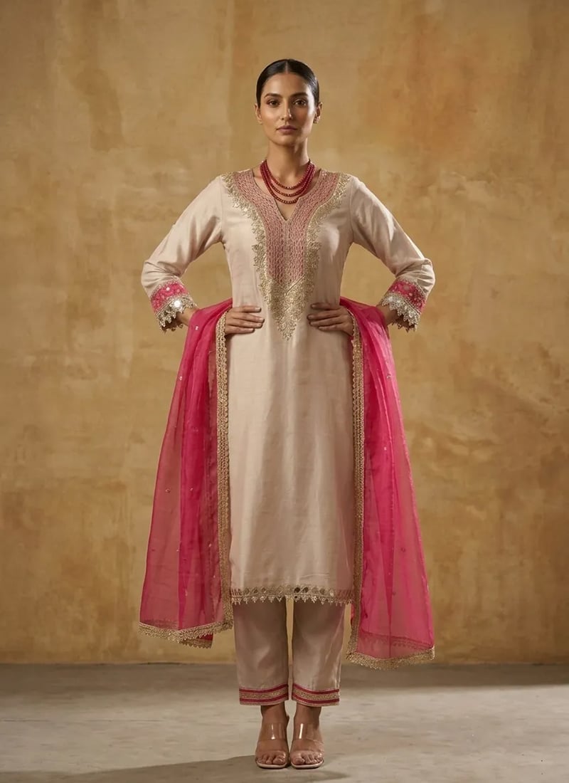 Beige Zari Embroidered Satin Straight Pant Suit Festive Wear