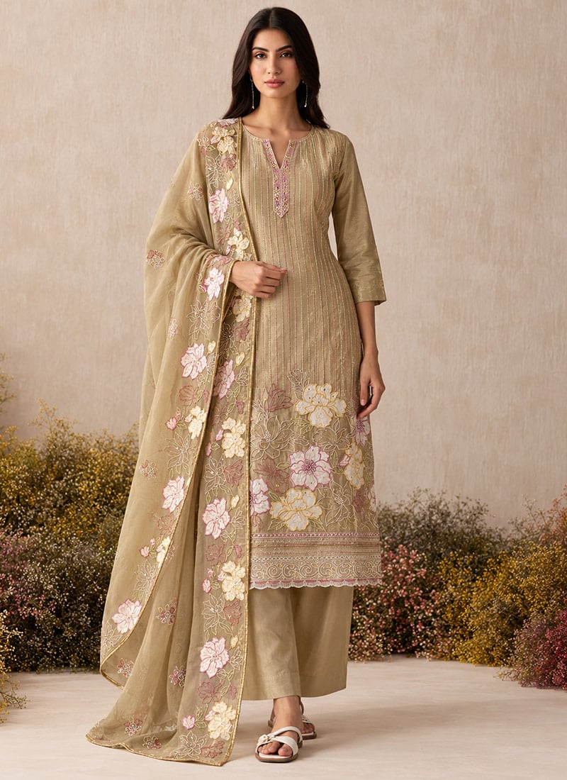 Beige Zari Embroidered Shimmer Silk Straight Pant Suit Festive Wear