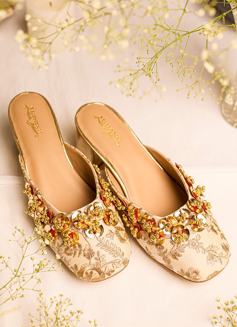 Beige Zari With Moti Work Heels Juti-WFWD5EMH029