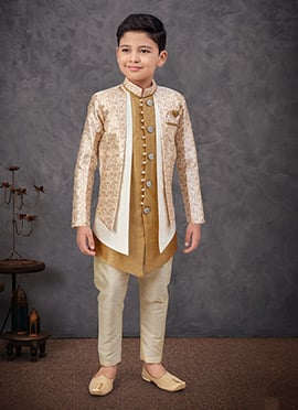 Beige Zari Work Jacquard Banarasi Silk Boys Indowestern Sherwani