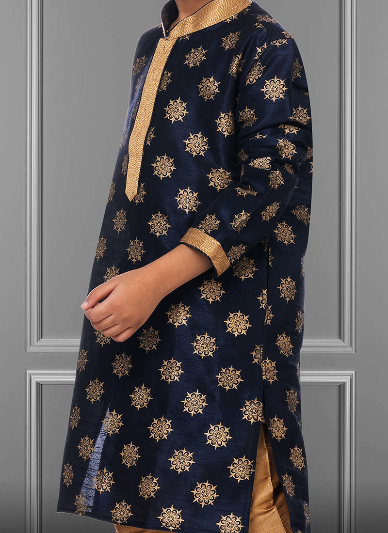 Babyhug Full Sleeves Foil Printed Kurta Pyjama Set-Blue