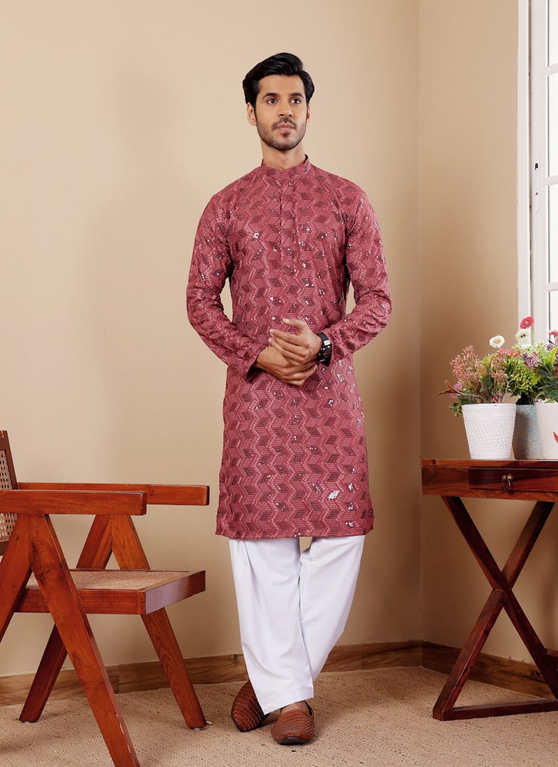 Berry Red Viscose Embroidered Chikankari Work Kurta
