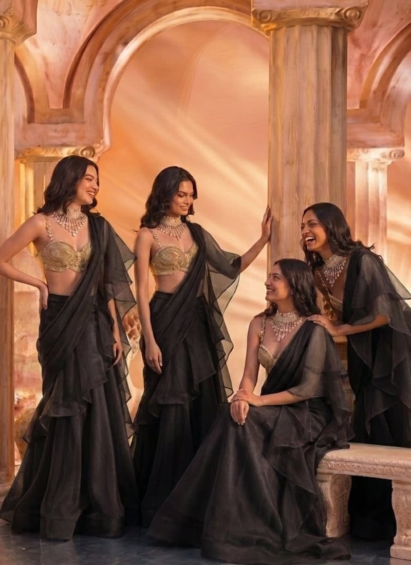 Black Organza Hand Embroidered Sequins With Zardosi Work Lehenga Wedding Wear