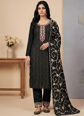 Black American Silk Embroidered Sequin Anarkali Suit
