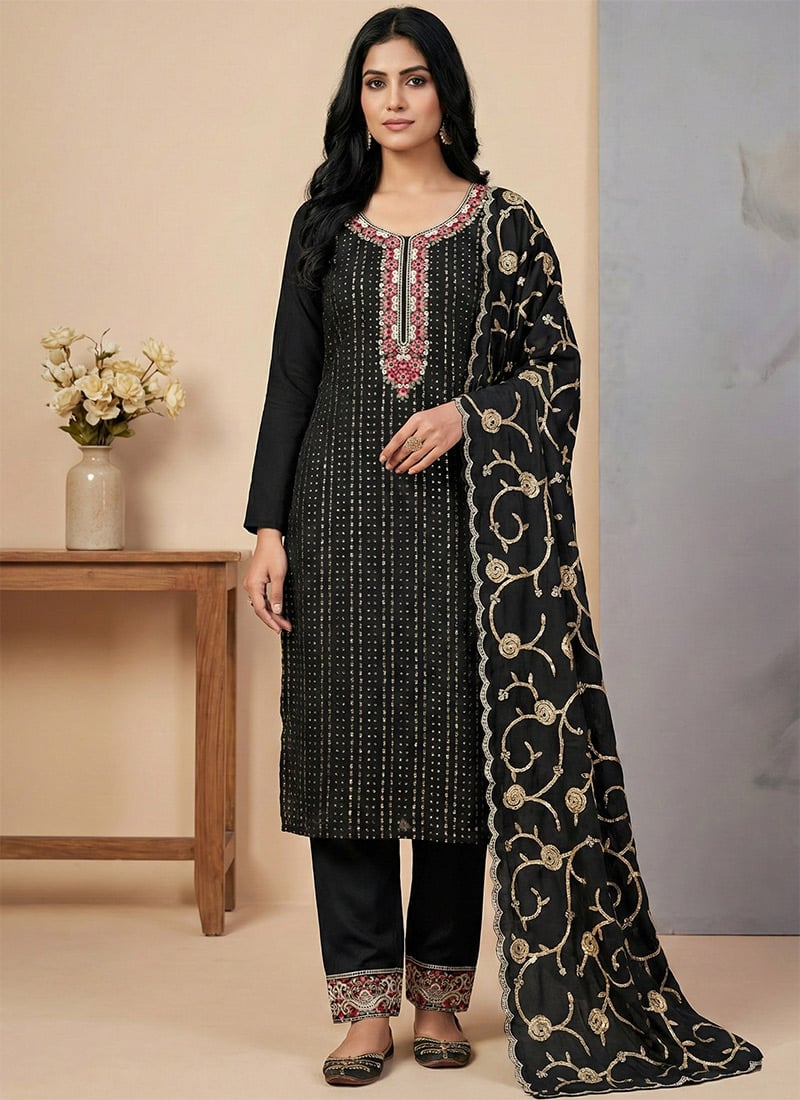 Black American Silk Embroidered Sequin Anarkali Suit Festive Wear