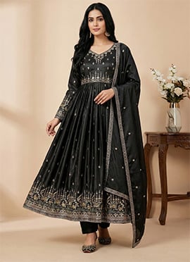 Black American Silk Embroidered Sequin Anarkali Suit