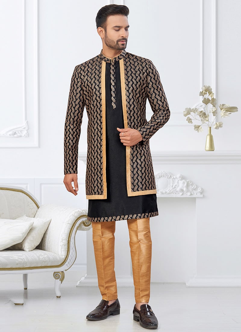 Black and Beige Banarasi Silk Embroidered Thread Indowestern Sherwani Festive Wear