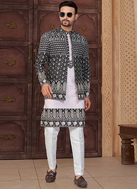 Black and Light Pink Banarasi Silk Embroidered Sequins Thread Indowestern Sherwani
