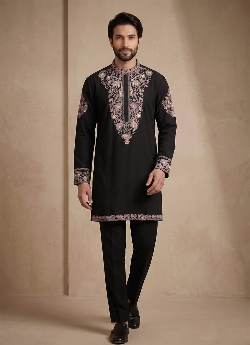 Black Armani Embroidered Kurta Pyjama Festive Wear