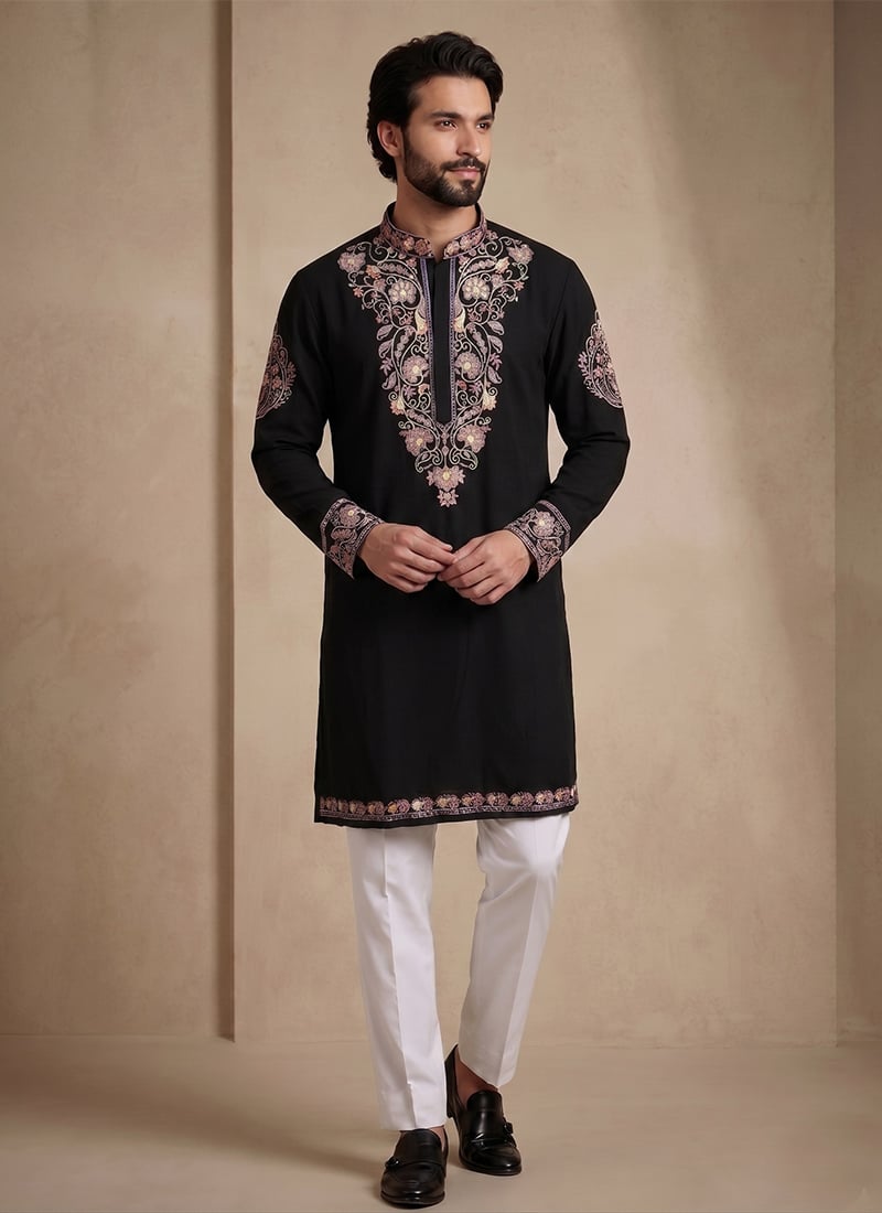 Black Armani Embroidered Kurta Pyjama Festive Wear