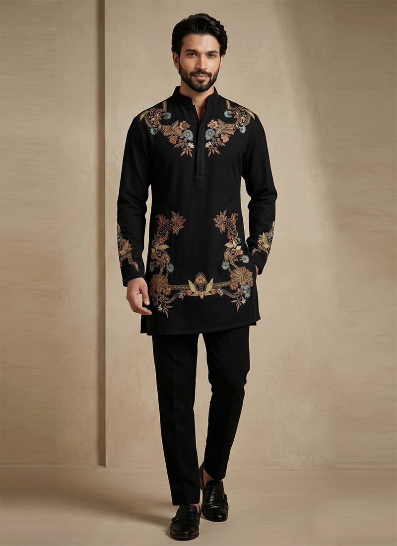 Black Armani Embroidered Kurta Pyjama Festive Wear