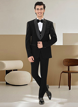 Black Armani Satin Silk Beads Hand Embroidered Formal Suit