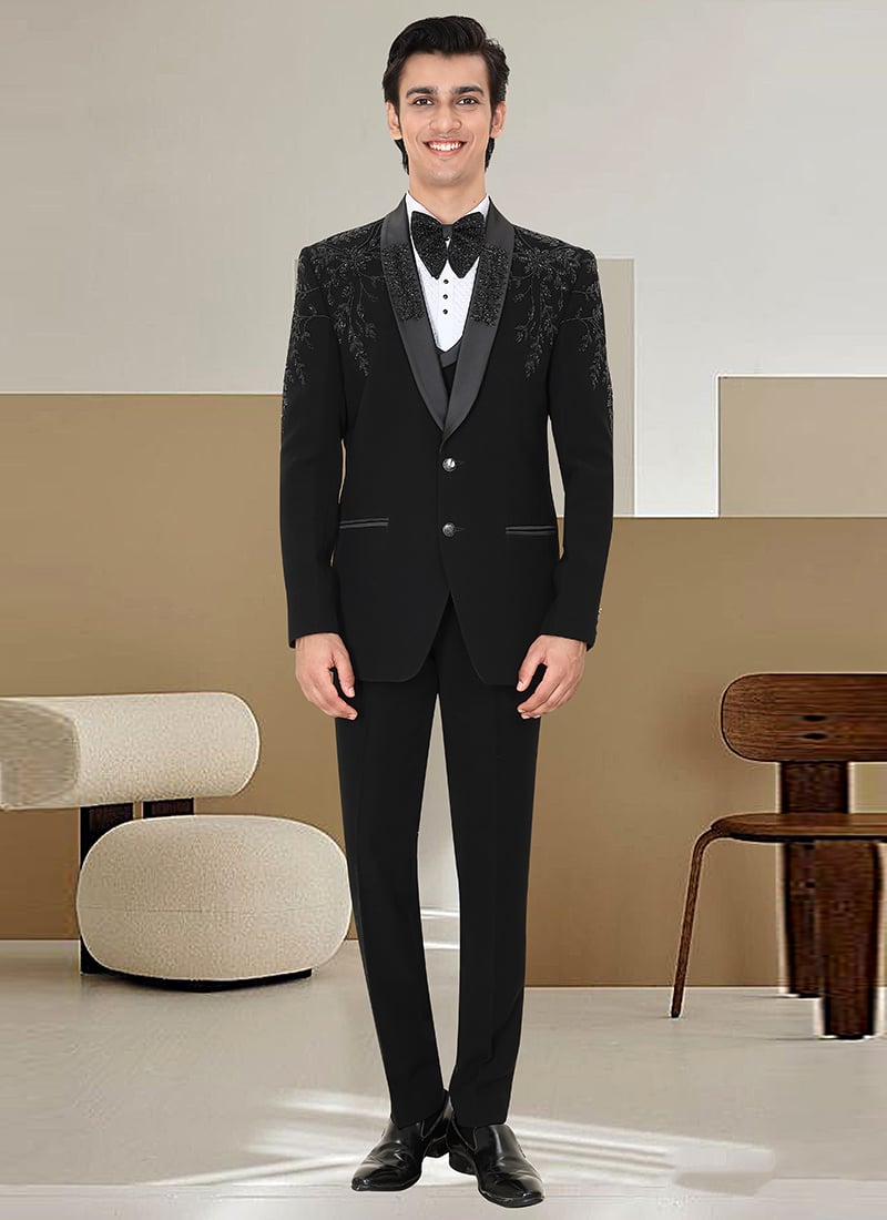 Black Armani Satin Silk Beads Hand Embroidered Formal Suit Wedding Wear