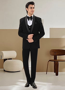 Black Armani Satin Silk Beads Hand Embroidered Party Suit