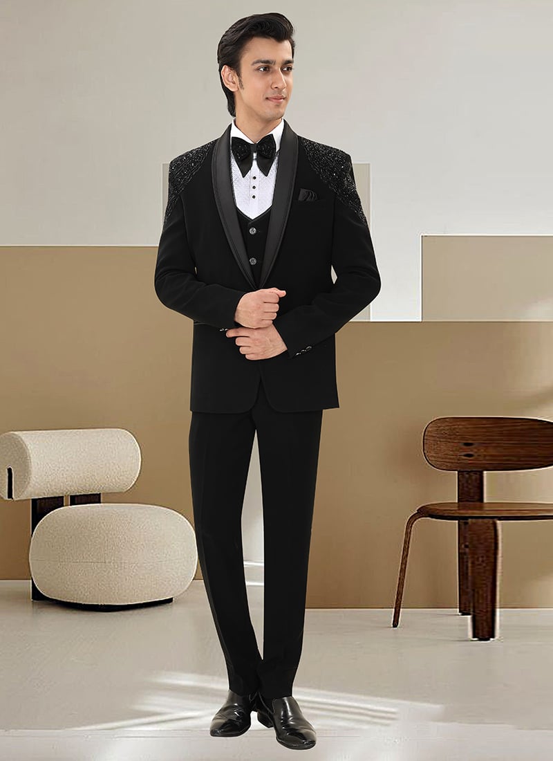 Black Armani Satin Silk Beads Hand Embroidered Party Suit Wedding Wear