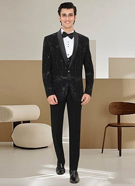 Black Armani Satin Silk Beads Hand Embroidered Suit