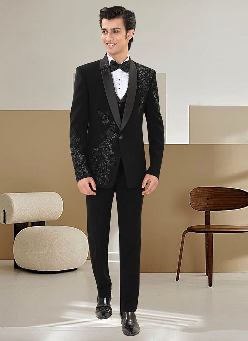 Black Armani Satin Silk Beads Hand Embroidered Suit Wedding Wear