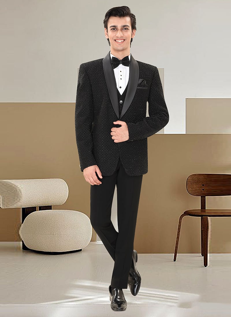 Black Armani Satin Silk Stone Embellished Men Suit Wedding Wear