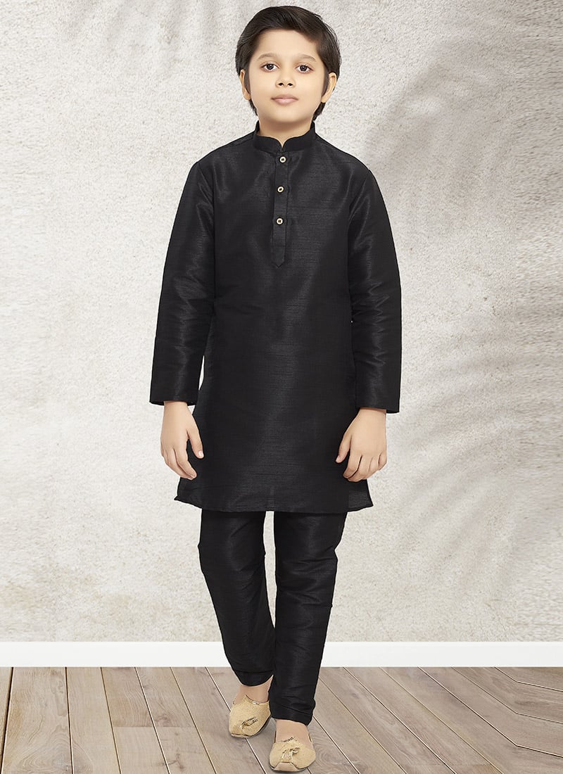 Black Art Banarasi Silk Soild Plain Kurta Pyjama Party Wear