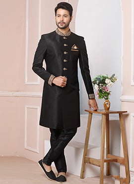 Black Art Banarasi Silk Embroidered Classic Sherwani