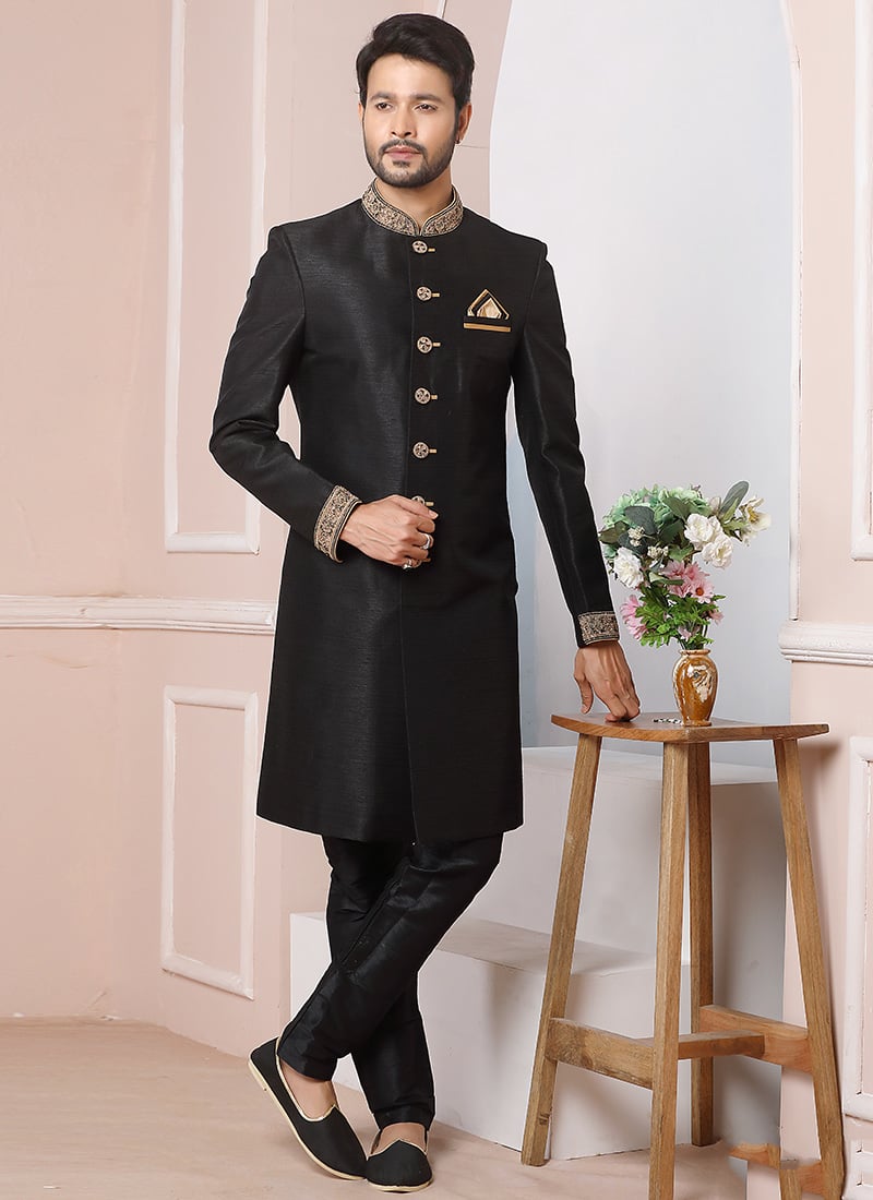 Black Art Banarasi Silk Embroidered Classic Sherwani Wedding Wear