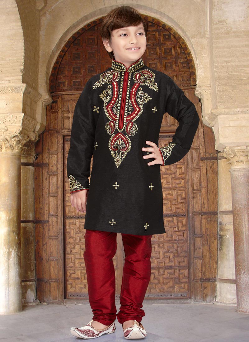 Black Art Dupion Silk Kids Kurta Pyjama