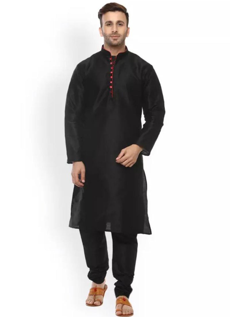 Black Art Dupion Silk Kurta Pyjama Set