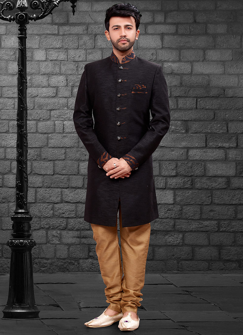 Black Art Silk Achkan Sherwani
