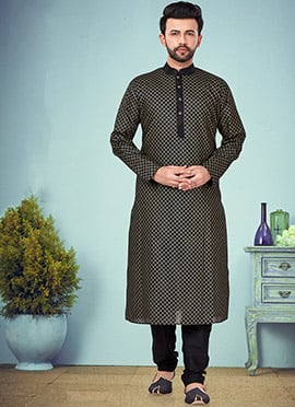 Black Art Silk Cotton Kurta Pyjama