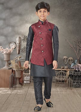 Black Art Silk Dupion Kids Boys Bandi Set