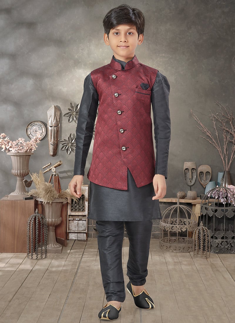 Black Art Silk Dupion Kids Boys Bandi Set Party Wear