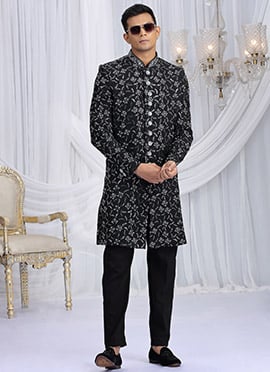 Black Art Silk Embroidered Sequins Beads Zari Indowestern Sherwani