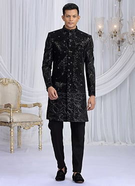 Black Art Silk Embroidered Sequins Zari Indowestern Sherwani