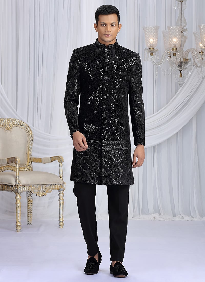 Black Art Silk Embroidered Sequins Zari Indowestern Sherwani Wedding Wear