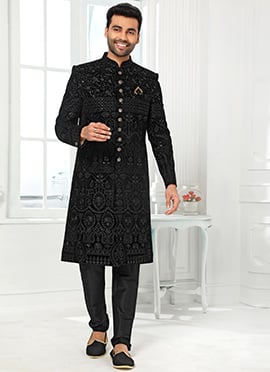 Black Art silk Foil Print Classic Sherwani