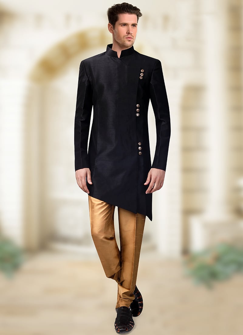 Black Art Silk Indowestern Sherwani Wedding Wear