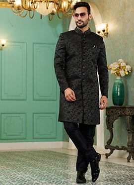 Black Art Silk Jacquard Indowestern Sherwani