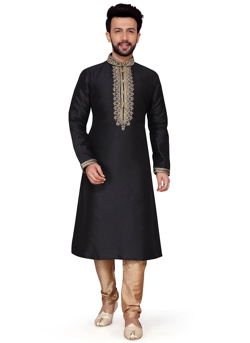 Black Art Silk Kurta Pyjama Party Wear