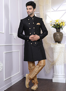 Black Art Silk Plain Kurta Pyjama