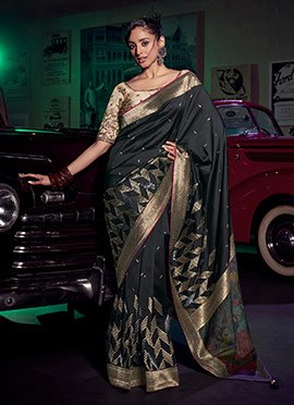 Black Art Silk Resham Zari Digital Print Saree