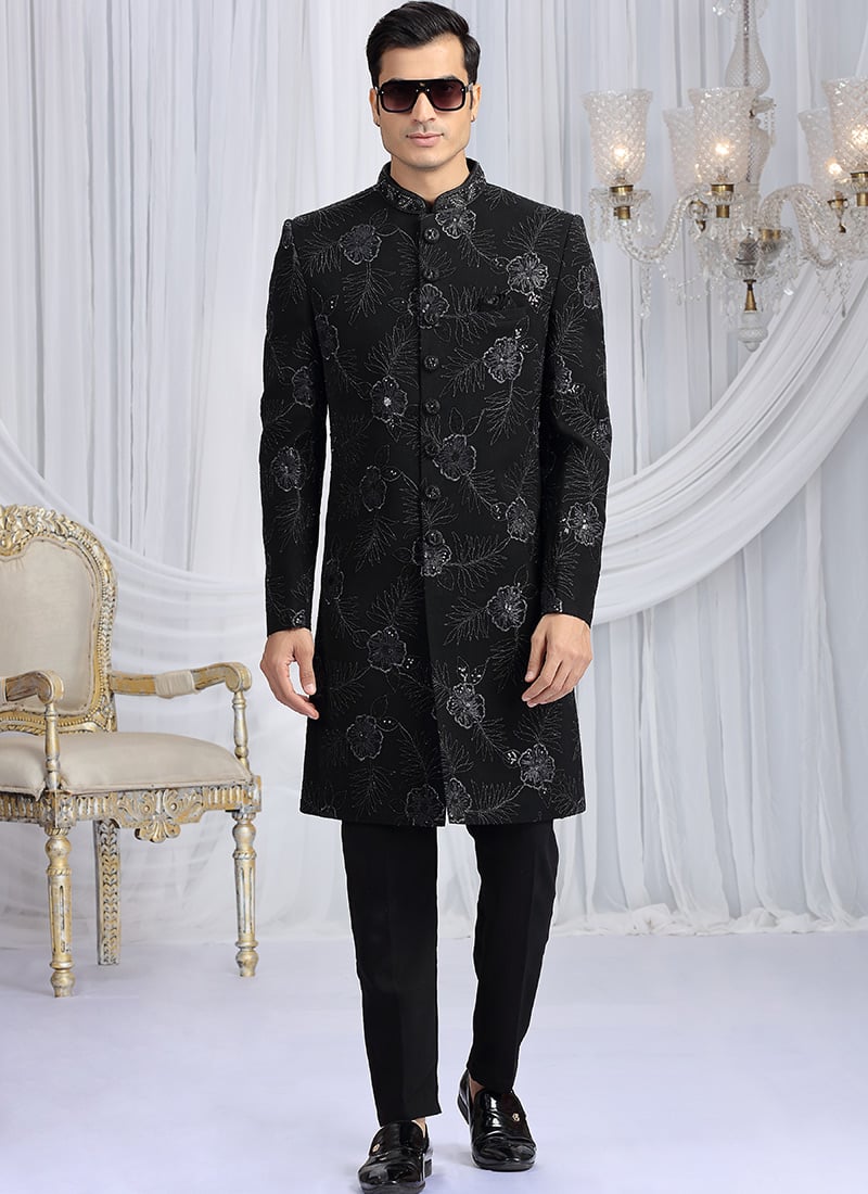 Black Art Silk Sequins Embroidered Zari Zardosi Indowestern Sherwani Wedding Wear