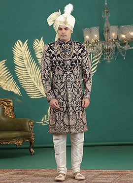 Black Art Silk Sequins Thread Hand Embroidered Indowestern Sherwani