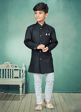 Black Art Silk Solid Stitched Indowestern Sherwani
