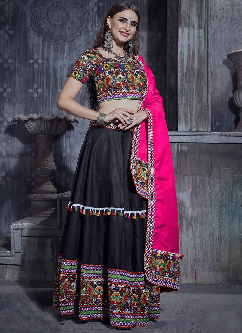 Black Art Silk Thread Embroidered Chaniya Choli Festive Wear