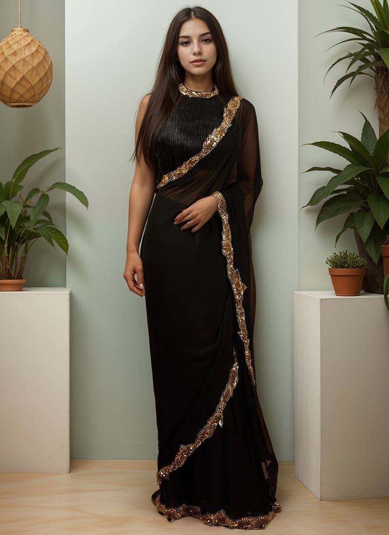 Black Georgette Sequins Hand Embroidered Saree Wedding Wear