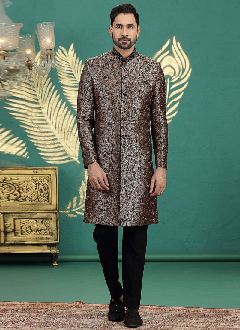 Black Banarasi Jacquard Jacquard Embroidered Stones Hand Embroidered Indowestern Sherwani