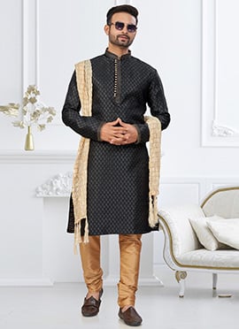 Black Banarasi Jacquard Silk Kurta Pyjama
