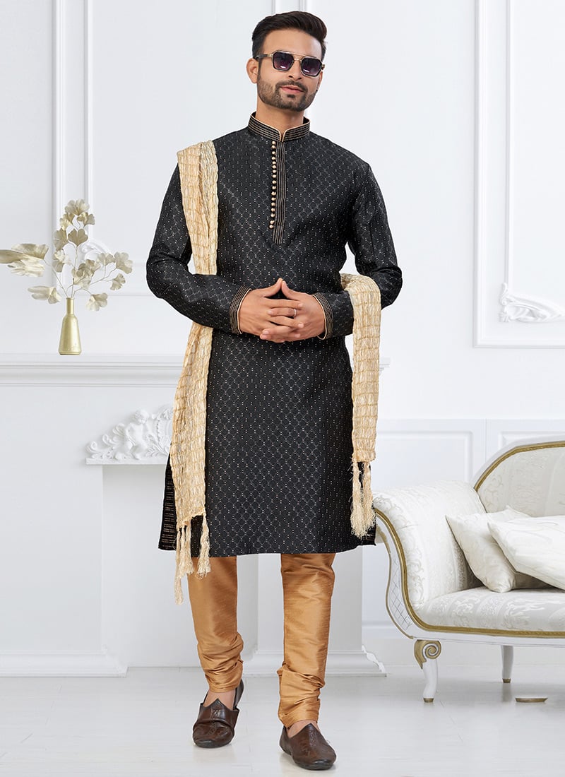 Black Banarasi Jacquard Silk Kurta Pyjama Festive Wear