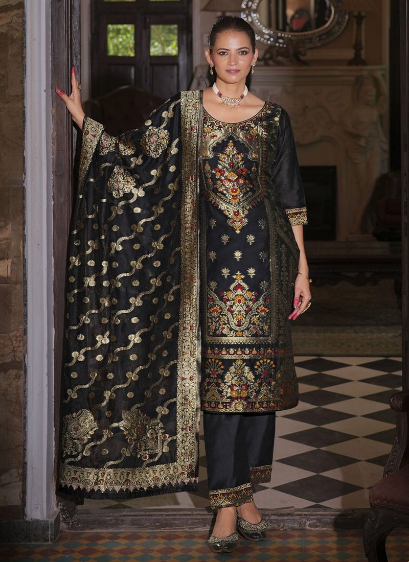 Black Banarasi Jacquard Silk Straight Pant Suit
